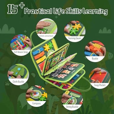 Silouka Toddler Busy Board Montessori Toys, Sensory Board Busy Book, Busy Board for Toddlers 2-4, Preschool Learning Activities with Life, Forest Animals Green, 8 Pages and 2 Pages Sensory Mats - Image 3