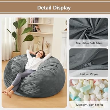 ILPEOD 3 Feet Bean Bag Chair - BeanBag Chairs for Adults, Living Room Furniture Sofa with Soft Micro Fiber Cover, Round Fluffy Couch for Bedroom College Dorm - Grey - Image 5