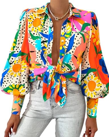 BTFBM Women Fashion Button Down Shirts V Neck Printed Solid Boho Long Sleeve Blouses Dressy Casual Summer Fall Tops(Multi Orange, Large) - Image 1