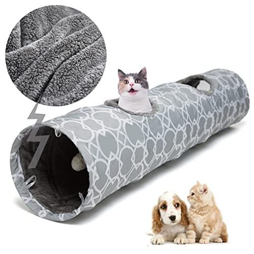 LUCKITTY Geometric Straight Cat Tunnel with Plush Inside,Cats Toys Collapsible Tunnel Tube with Balls, for Rabbits, Kittens, Ferrets,Puppy, Diameter 9.8 Inch - Image 1