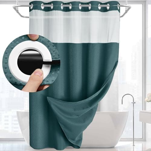 YellyHommy No Hook Shower Curtain with Snap in Liner Set Less Time Waffle Shower Curtain for Bathroom 75" L x 72" W Seaweed Green - Image 1