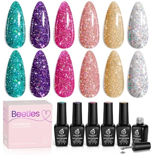 Beetles Glitter Gel Polish, 6 Pcs Pink Silver Platinum Gel Polish Kit Soak off Uv Lamp Shimmer Purple Pink Green Gold Glitter Nail Polish Kit Holiday Gift Design for Party - Image 1