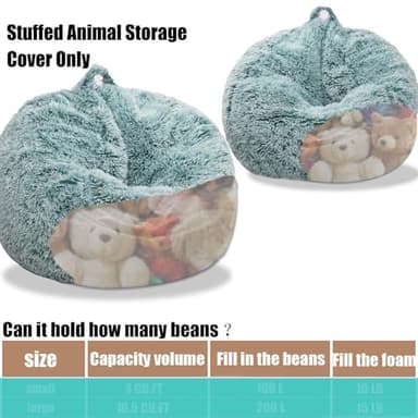 Fluffy Stuffed Animal Storage Bean Bag Chair Cover (No Filler), Faux Fur Comfy Bean Bag Cover for Organizing Plush Toys or Textile, for Adults Teens Kids Girls,Dark Green - Image 4