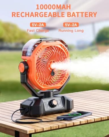 coldSky Portable Misting Fan, 10000mAh Rechargeable Camping Fan with Mist, 360mL Water Tank, 9-19H Runtime, Dual Mist Modes, LED Lights, 8 Speeds for Camgping/Travel/Beach/Golf/Tent/Office (Orange) - Image 5