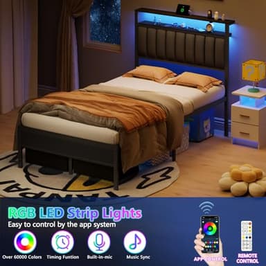 Furnulem Full Size Bed Frame with Charging Station and LED Lights, Grey Upholstered Headboard with Shelves, Metal Platform Bed with 2 Under-Bed Storage (Fabric Drawer on Wheels), No Box Spring Needed - Image 6