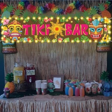 OuMuaMua Hawaiian Tiki Party Decorations, Luau Tiki Decorations Banner, Tiki Bar Sign with Lights for Summer Aloha Moana Hawaii Luau Party Decorations, Tropical Birthday Beach Pool Party Supplies - Image 6