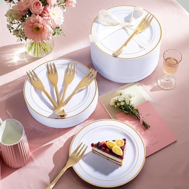 WELLIFE 120 PCS Plastic Dessert Plates and 120 PCS Forks, 6.3 inch Disposable Salad Plate, Premium White Appetizer Plates with Gold Rims Perfect for Parties, Weddings - Image 4