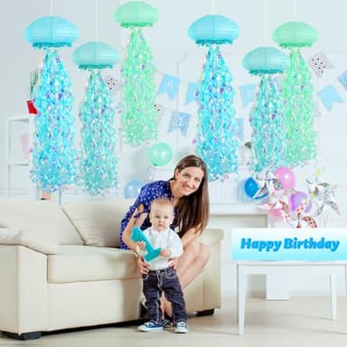 Jellyfish Paper Lanterns, under the sea party decorations, Light Blue Green Cyan Hanging Jelly Fish Lantern for Kids Birthday Decors Ocean Themed party Baby Shower Room Decorations - Image 5