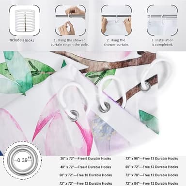 Caheansi Hummingbird Floral Shower Curtain, Spring Watercolor Flowers Blossom with Leaves Butterflies Plants Bathroom Curtain Waterproof Fabric Machine Washable with Hooks, 72" Wx72 L - Image 6