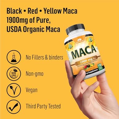 Organic Maca Root – Black, Red & Yellow – 1900 mg per Serving – 150 Capsules – Gelatinized Peruvian Maca – Non-GMO, Gluten-Free, Vegan - Image 6