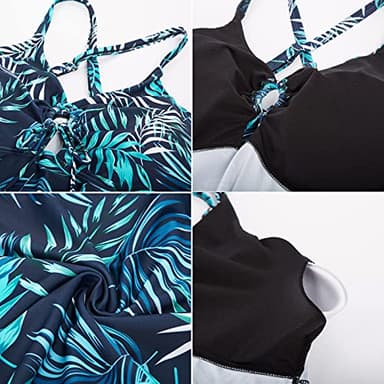 Women's Crisscross Back Floral High Waist Tankini Swimwear Two Piece Swimsuits 20W Blue Leaves - Image 6