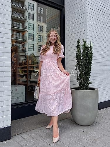 ZESICA Women's 2025 Summer Short Puff Sleeve Crewneck Smocked Floral Lace Flowy A Line Tiered Maxi Dresses,Pink,Large - Image 5