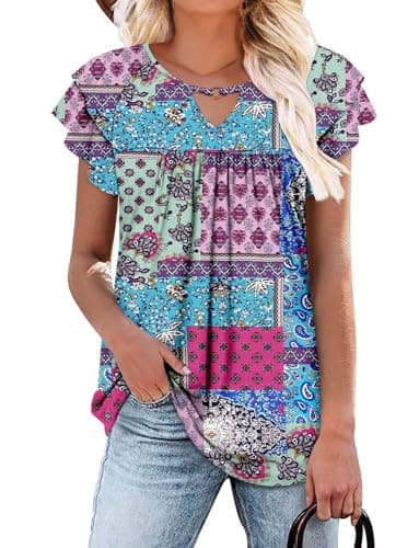 Womens Short Sleeve Shirt Double Ruffle Sleeve Tunic Top Blue Block XL - Image 1