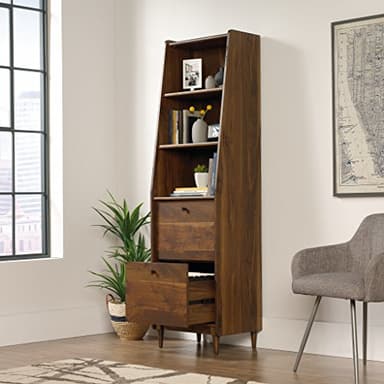 Sauder Harvey Park Tall Bookcase with Drawers, Mid-Century Modern Design, Narrow Bookcase - Grand Walnut Finish - Image 4