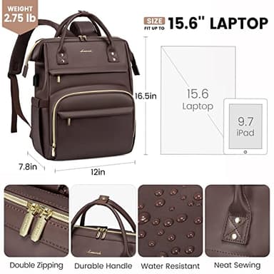 LOVEVOOK Leather Laptop Backpack for Women 15.6 inch,Travel Backpack Purse Nurse Teacher Backpack Computer Laptop Bag,Professional College Business Work Bags Carry On Backpack with USB Port,Coffee - Image 4