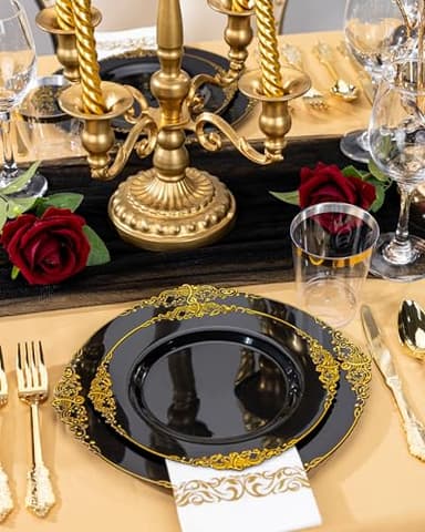 Nervure 350PCS Black Plastic Plates - Black Plastic Dinnerware Sets for 50 Guests - 100 Disposable Plates, 150 Gold Silverware, 50 Cups, 50 Napkins for Wedding & Party & Halloween - Image 9