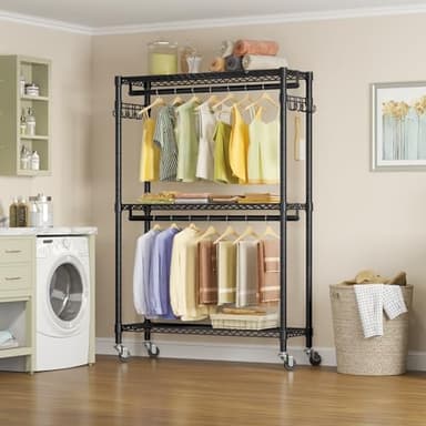 VIPEK R2 Plus Heavy Duty Rolling Garment Rack 3 Tiers Adjustable Wire Shelving Clothes Rack with Double Rods and Side Hooks, Freestanding Wardrobe Storage Rack Metal Clothing Rack, Black - Image 3
