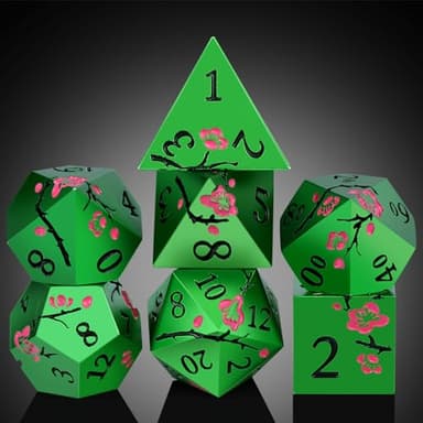 Matt Green Metal Dice Set, DNDND 7 PCS Heavy Metallic D&D Dice Set with Gorgeous Gift Case for Dungeons and Dragon Tabletop Game (Matte Green with Pink Flower) - Image 6