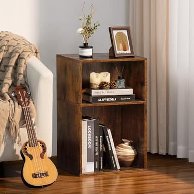 LEYAOYAO 2 Cube Bookshelf,Brown Record Player Stand Holds up to 100 Albums, Mini Wood Book Shelf Storage Organizer,Turntable Stand with Vinyl Storage Cabinet, Narrow Open Bookcase for Small Spaces - Image 4