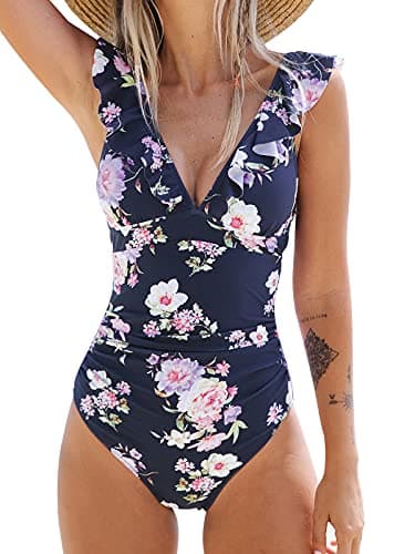 CUPSHE Women's One Piece Swimsuit Ruffle V Neck Lace Up Bathing Suit, XL Navy Floral - Image 1