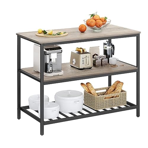 VASAGLE Kitchen Island with 3 Shelves, 47.2 Inches Width Kitchen Shelf with Large Worktop, Stable Steel Structure, Industrial, Easy to Assemble, Greige and Black UKKI001B02 - Image 1