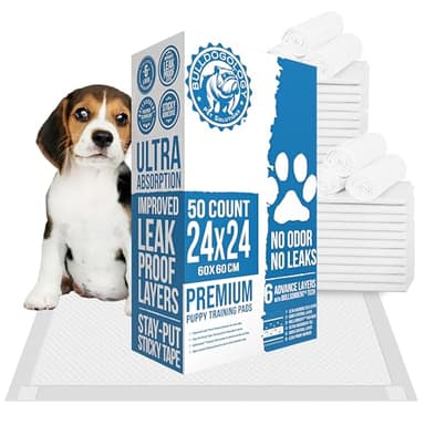 Bulldogology 50-Count Dog Puppy Pads (24x24) Large Pee Pads for Dogs - 6 Layer Pet Training Pads, Super Absorbent Puppy Pads with Adhesive Tabs for Small to Large Dogs