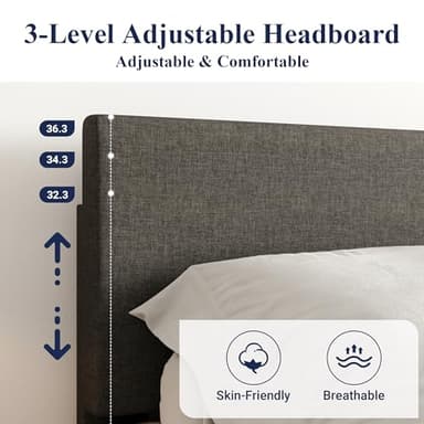 Allewie King Size Bed Frame with Adjustable Headboard, Upholstered Platform Bed with Wood Slats, Heavy Duty Mattress Foundation, No Box Spring Needed, Noise-Free, Easy Assembly, Dark Grey - Image 4
