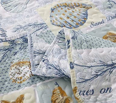 Junsey Beach Theme Quilts Set King Size Ocean Conch Seashell Starfish Seaweed Bedspreads Lightweight Patchwork Coastal Bedding Letter Printed Coverlets with Pillow Shams - Image 5