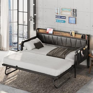 LIKIMIO Daybed with Trundle Bed, Twin Bed Frame with Storage Headboard and Charging Station, Sofa Day Bed with Strong Supports for Living Room, Bedroom, and Guest Room, Black - Image 8