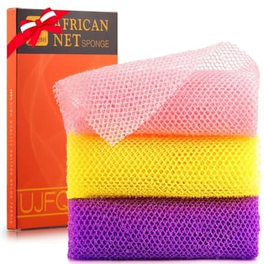 UJFQBH 3 Pieces African Bath Sponge African Net Long Net Bath Sponge Exfoliating Shower Body Scrubber Back Scrubber Skin Smoother,Great for Daily Use (Pink,Yellow,Purple) - Image 1