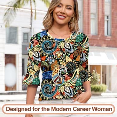 Blingfit Ladies Tops and Blouses 3/4 Sleeve Womens Business Top Pleated Tunic Floral Shirt for Womens Elbow Length Sleeve Shirt Trendy L - Image 2