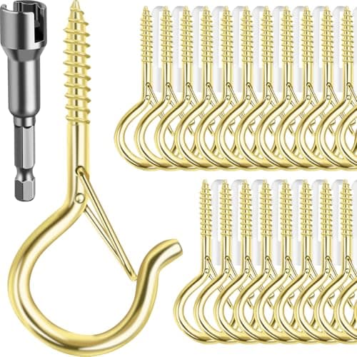 FSAH 48 PCS Q-Hanger Hooks, Screw Hooks for Outdoor String Lights, Safety Buckle Design Cup Eye Hook for Hanging Christmas Lights, Plants, Mounted on Wall Ceiling, Include 1 Wing Nut Driver, Gold - Image 1
