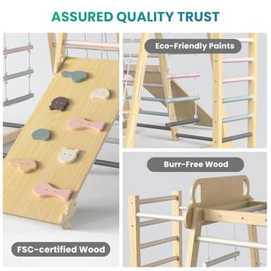 Upgraded Indoor Playground 9-in-1 Jungle Gym Kids Climbing Toys, Montessori Philosophy Waldorf Style Wooden Climber Playset with Slide, Swing, Monkey Bars, Upright/Rope Ladder, Climb Rocks/Net, Pink - Image 4