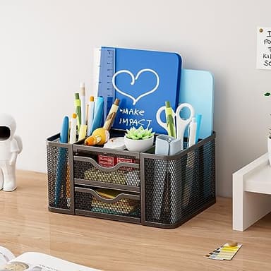 Marbrasse Mesh Desk Organizer, Pen Organizer with 2 Drawer, Multi-Functional Pencil Holder, Desk Organizers and Accessories with 5 Compartments + Drawer for Office Art Supplies (Black) - Image 5
