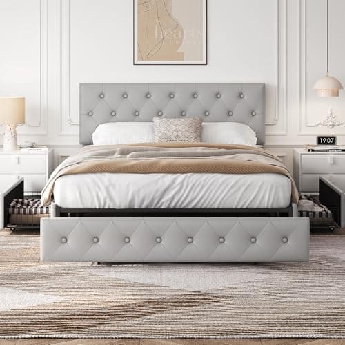 Yaheetech Queen Bed Frame with Adjustable Diamond Button-Tufted Headboard/3 Drawers Storage, Queen Platform Bed/Strong Wooden Slats, Light Gray - Image 1