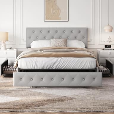 Yaheetech Queen Bed Frame with Adjustable Diamond Button-Tufted Headboard/3 Drawers Storage, Queen Platform Bed/Strong Wooden Slats, Light Gray - Image 1