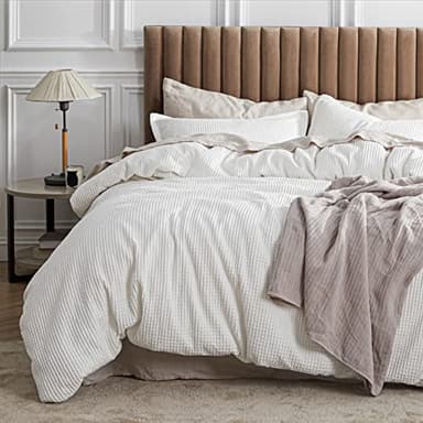 Bedsure Cotton Duvet Cover King - 100% Cotton Waffle Weave Coconut White Duvet Cover King Size, GentleSoft™ and Breathable Bedding Set for All Season, 3 Pieces, 104"x90" - Image 1