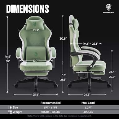 Dowinx Gaming Chair Fabric with Pocket Spring Cushion, High Back Ergonomic Computer Chair with Footrest for Adults, Massage Lumbar Support Swivel Game Chair for Office Gaming 300LBS, Green - Image 2