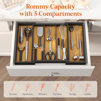 Lifewit Utensil Organizer for Kitchen Drawer, Bamboo Cooking Utensil Tray, Expandable Cutlery Silverware Flatware Holder, Adjustable Spatula Tools Gadgets Storage Divider, Large, Natural and Black - Image 3