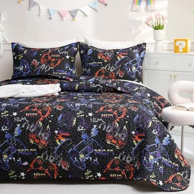JSD Black Gaming Kids Quilt Set Full/Queen, Microfiber Printed Bedspread Coverlet with Pillow Shams, Soft Lightweight Summer Quilted Blanket - Image 1