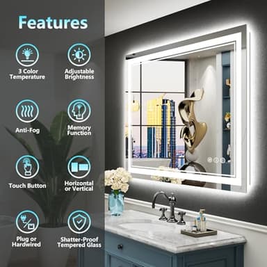 AWANDEE 30x36 LED Bathroom Mirror with Lights, Backlit & Front Lit, Anti-Fog Lighted Vanity Mirror for Bathroom Wall, 3 Colors, Dimmable, Memory, HD Tempered Glass, Shatter-Proof, Horizontal/Vertical - Image 2