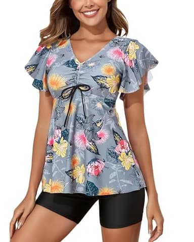Fanuerg Women's Tankini Swimsuits Ruffled Flowy Tankini Tops with Boy Shorts Swimwear Tummy Control Two Piece Bathing Suits Light Grey Floral XXL - Image 1