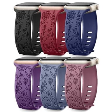 6 Pack Floral Engraved Bands Compatible with Apple Watch Band 40mm 44mm 38mm 41mm 45mm 49mm 42mm Women, Soft Silicone Cute Flower Sport Strap for iWatch Bands Series 11 10 9 8 7 6 5 4 3 2 1 SE Ultra 3 - Image 1