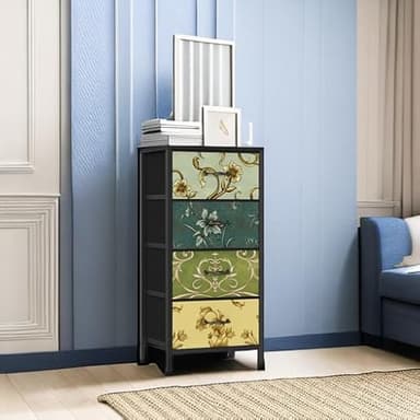 Furnulem 4 Drawer Dresser, Vertical Nightstand for Kids, Adult, Fabric Chest of Drawers for Bedroom, Living Room, Closet, Nusery, Storage Tower Unit Retro Style Furniture, Wood Desk Top - Image 6