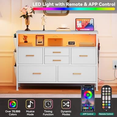 YITAHOME Dresser TV Stand for 45'' TV, 6-Drawer Dresser with Power Outlet and LED Light, Wide Drawer with Metal Handle, White with Shelves and PU Finish - Image 8