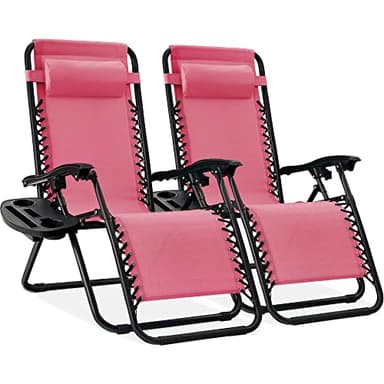 Best Choice Products Set of 2 Adjustable Steel Mesh Zero Gravity Lounge Chair Recliners w/Pillows and Cup Holder Trays - Pink - Image 1
