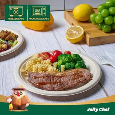 JOLLY CHEF 100% Compostable Paper Plates, 150 Pack 9 Inch Heavy Duty Plates, Disposable Biodegradable Eco-Friendly Sugarcane, Bulk Nature - Image 4