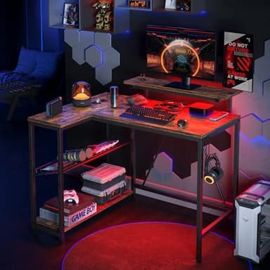 Bestier Gaming Desk with Power Outlets, 42" L-Shaped Gaming Desk with LED Lights, Desk with Reversible Storage Shelves & Hooks for Small Spaces, Bedrooms & Offices,Rustic Brown - Image 8