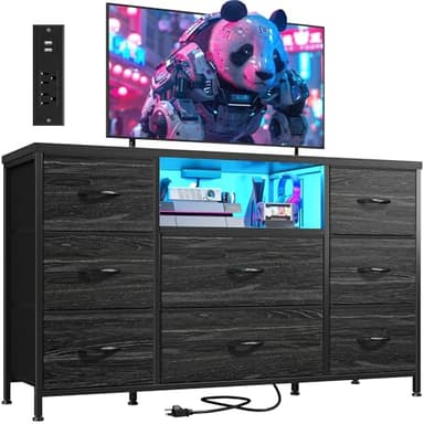 Black Dresser TV Stand for 55'' with LED Lights & Charging Station, Dresser for Bedroom with 8 Drawer, Chest of Drawers with Open Shelves, 6 Adjustable Feet, Hallway, Entryway - Image 1