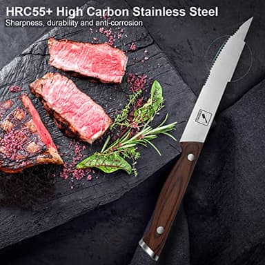 imarku Steak Knives, Serrated Steak knives Set of 6, Japanese HC Steel Knife Set, Premium Serrated Carbon Stainless Steel Steak Knife with Gift Box,9 Inches/Piece, Silver - Image 4